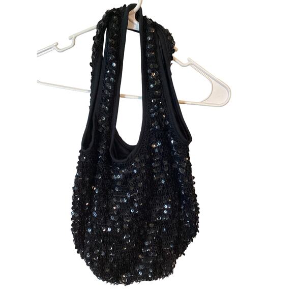 1151Vintage Fashion Express Crocheted Sequin Bag Boho Style Black Size Small/Med - Picture 1 of 4